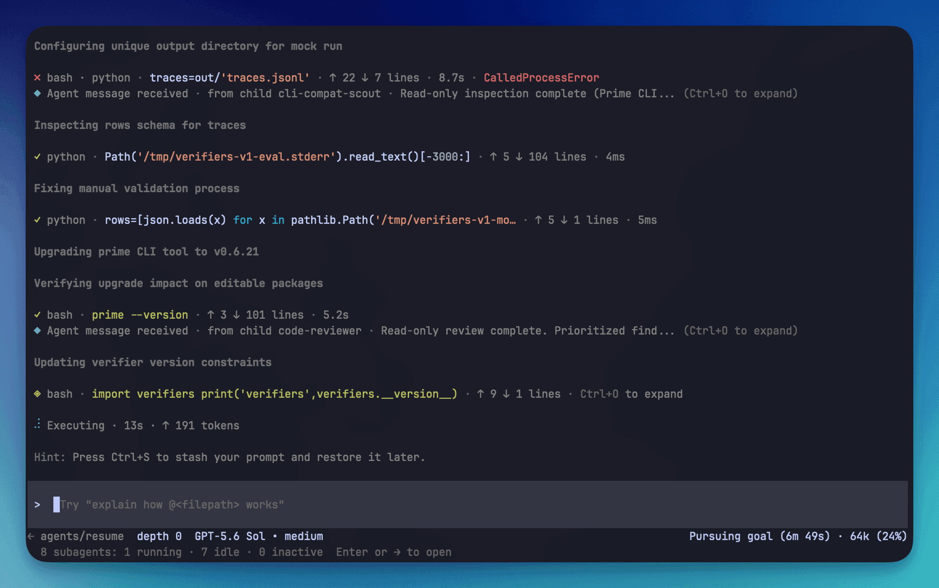 Prime Agent terminal interface running commands and coordinating a child agent